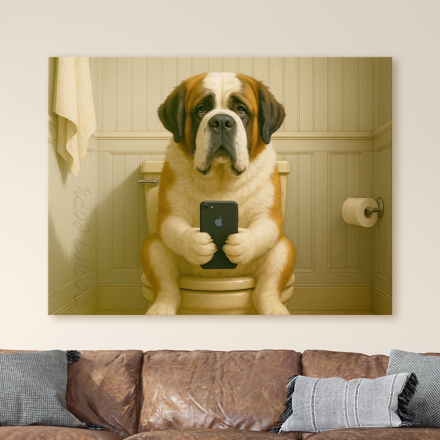 St. Bernard Dog On The Phone On The Toilet
