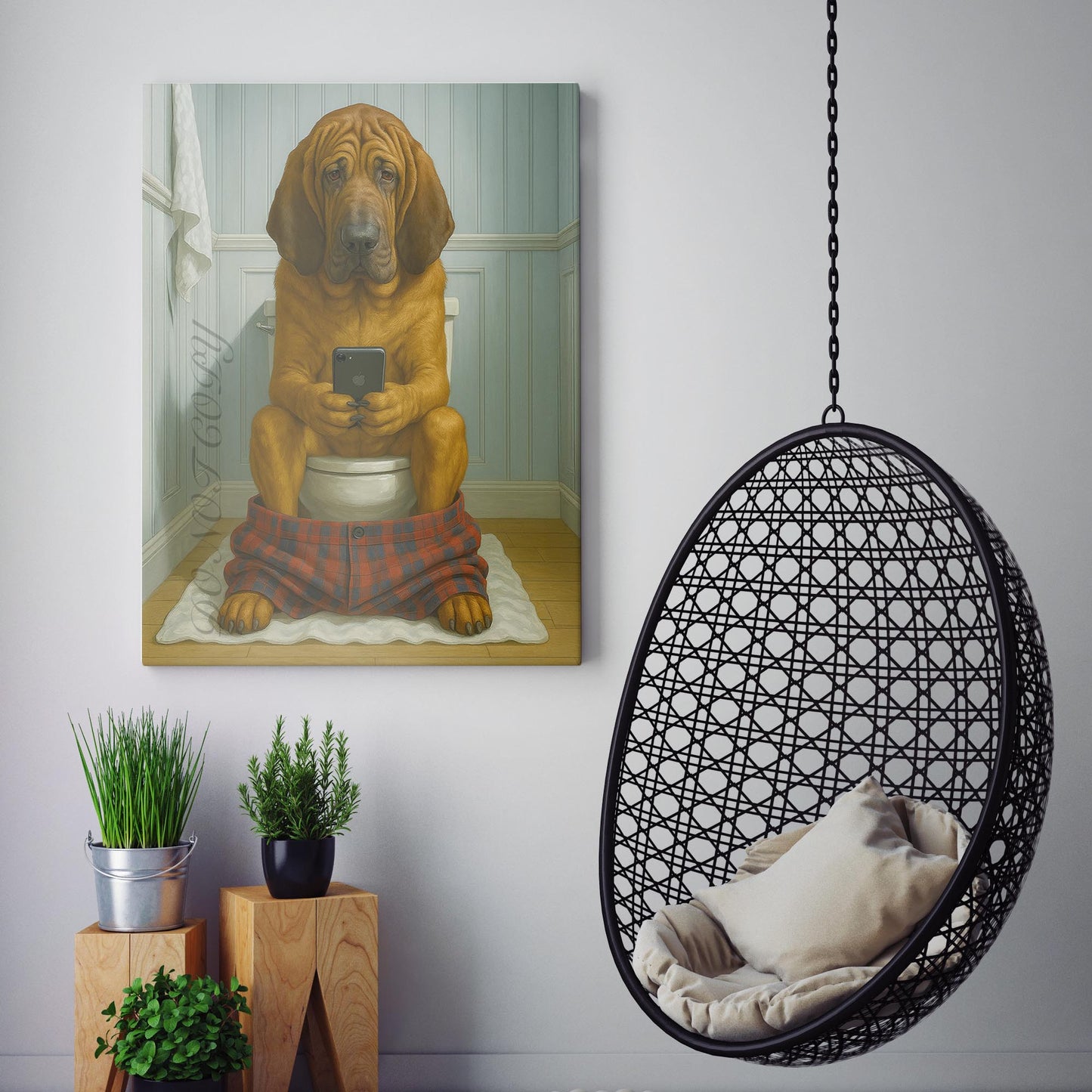 Bloodhound Dog On The Phone On The Toilet