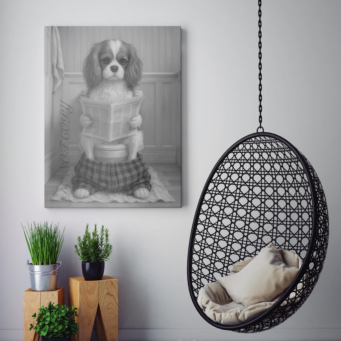 Cavalier King Charles Spaniel Dog Reading The Newspaper On The Toilet