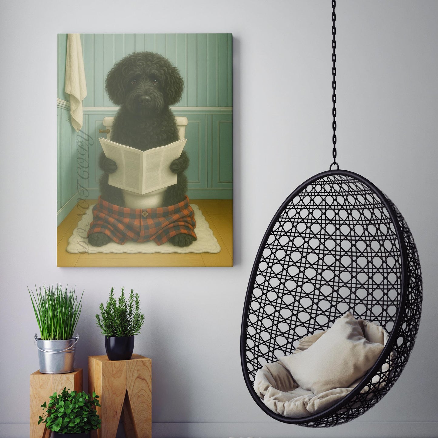 Portuguese Water Dog Reading The Newspaper On The Toilet