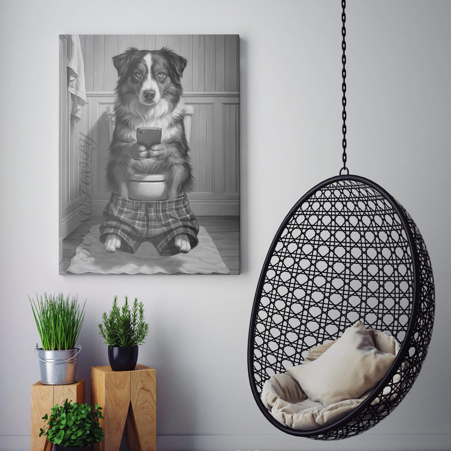 Australian Shepherd Dog On The Phone On The Toilet