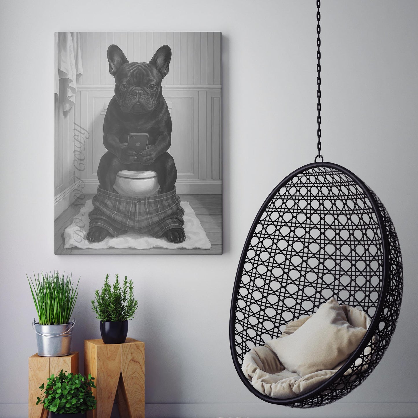 French Bulldog On The Phone On The Toilet