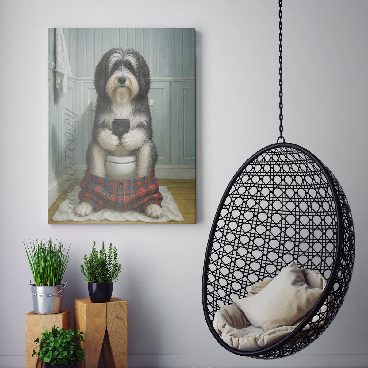 Tibetan Terrier Dog On The Phone On The Toilet