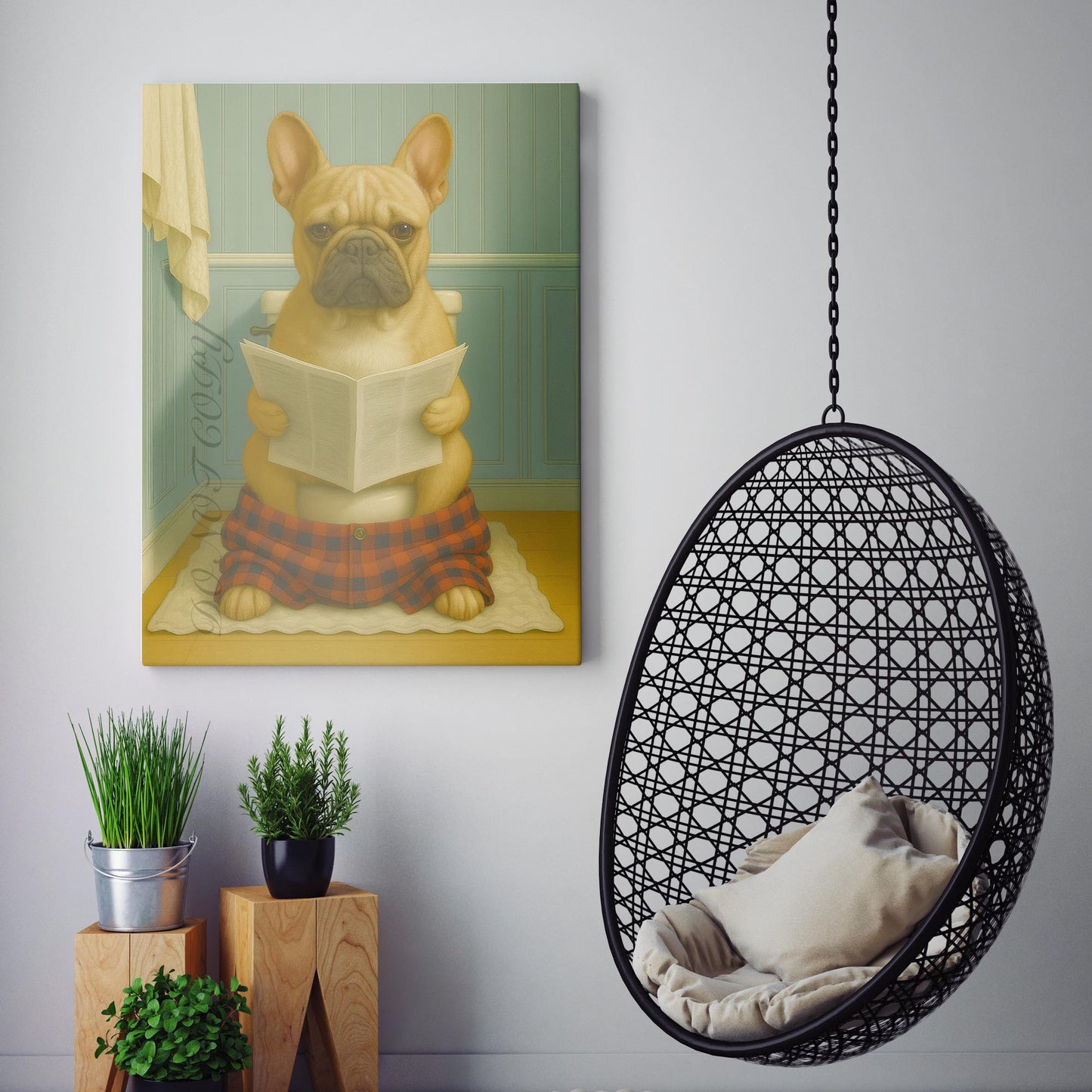 French Bulldog Reading A Newspaper On The Toilet