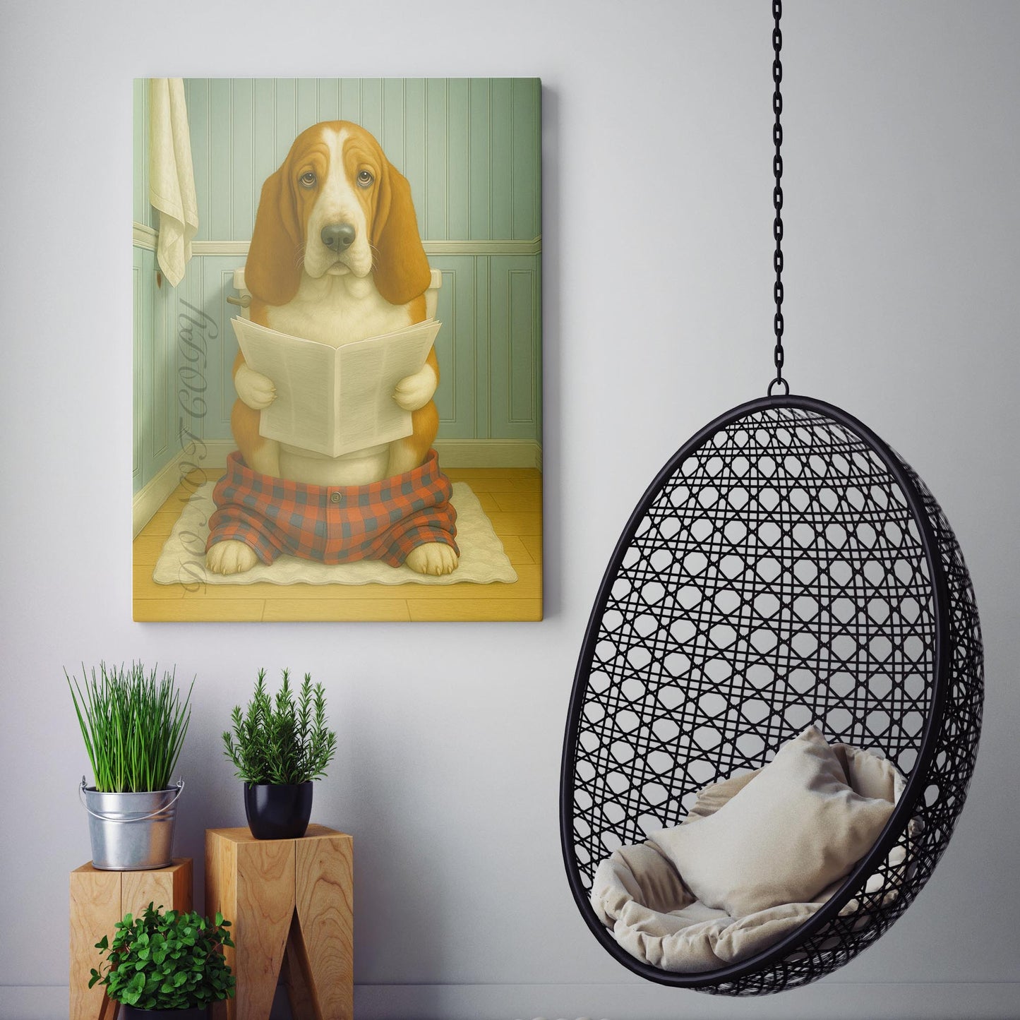 Basset Hound Dog Reading The Newspaper On The Toilet