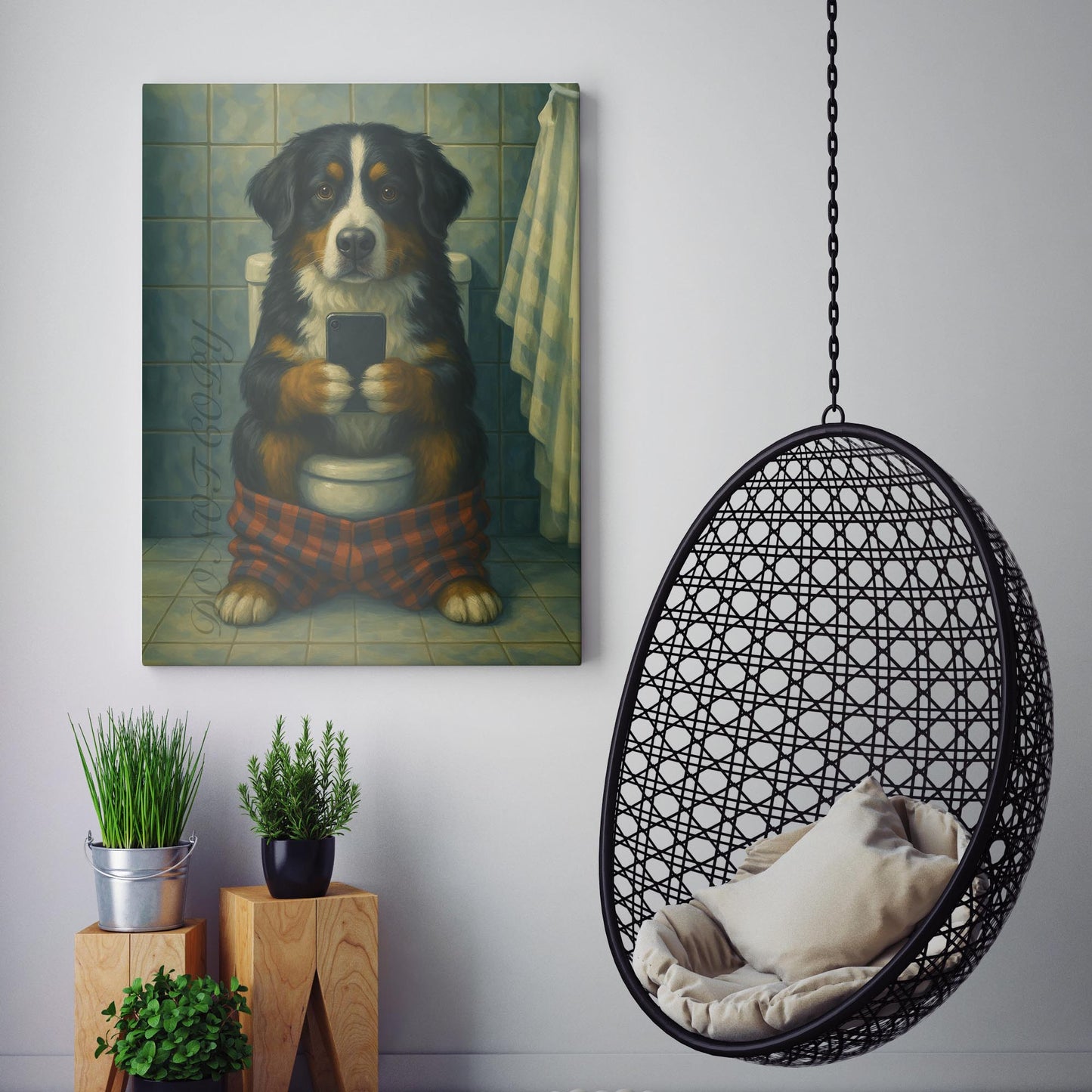 Bernese Mountain Dog On The Phone On The Toilet II