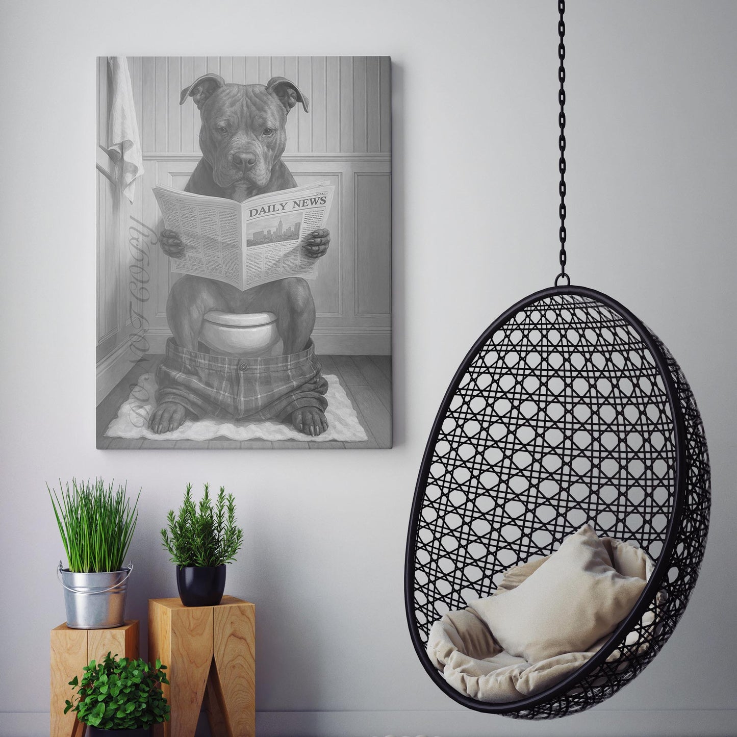 Pit Bull Terrier Reading The Newspaper On The Toilet