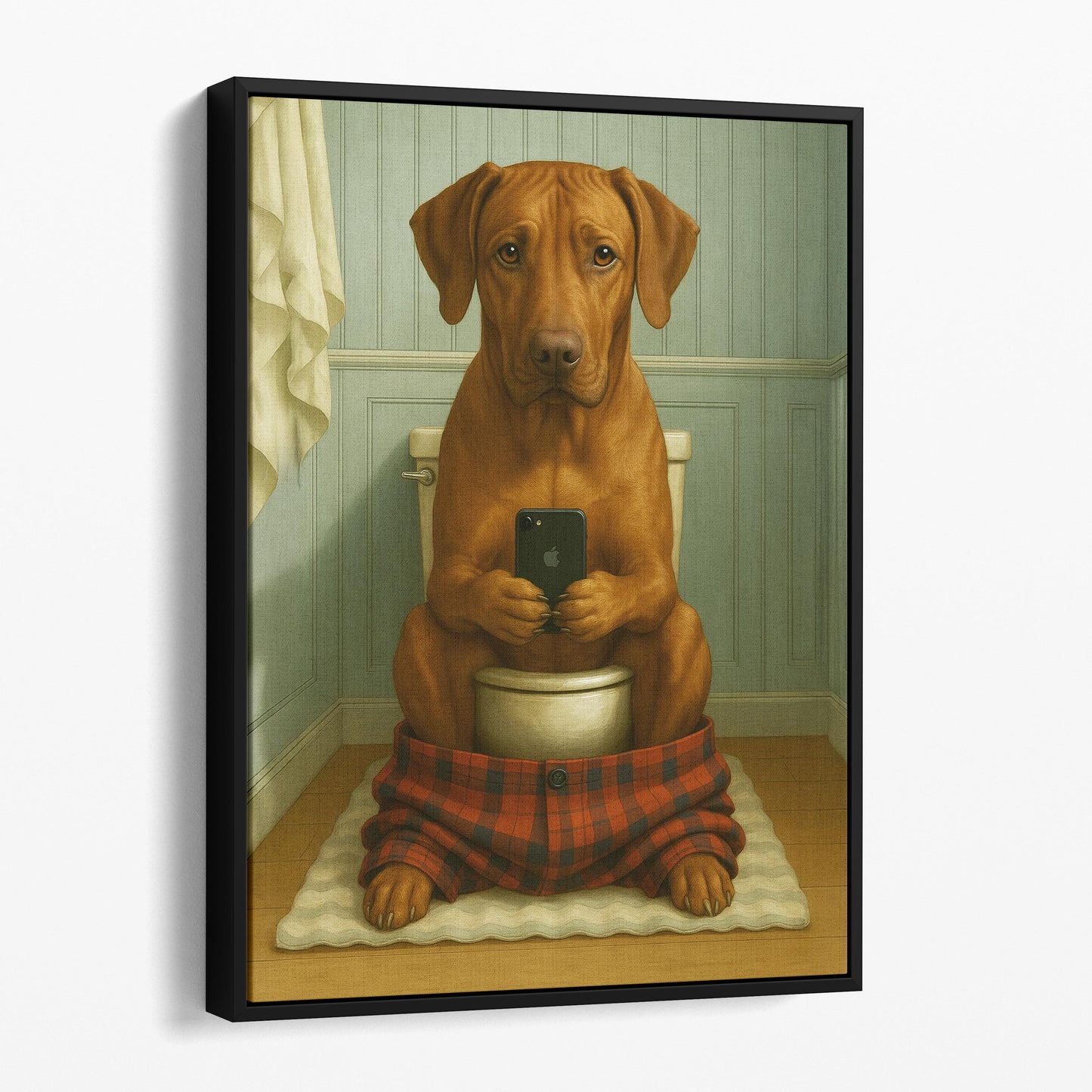 Rhodesian Ridgeback Dog On The Phone On The Toilet