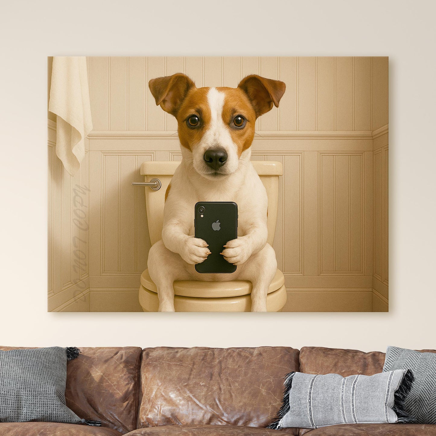 Jack Russell Terrier Dog On The Phone On The Toilet