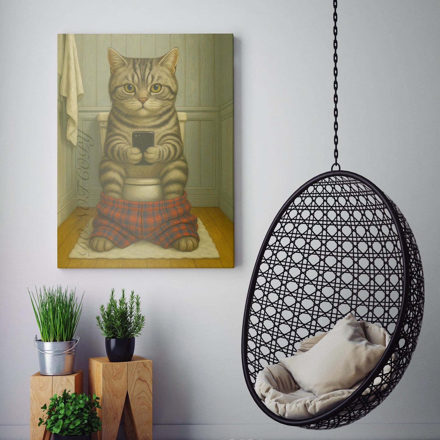 American Shorthair Cat On The Phone On The Toilet