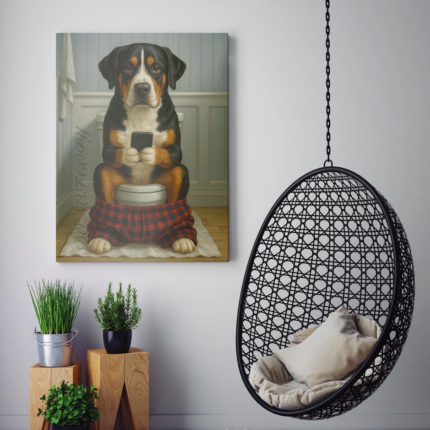 Greater Swiss Mountain Dog On The Phone On The Toilet