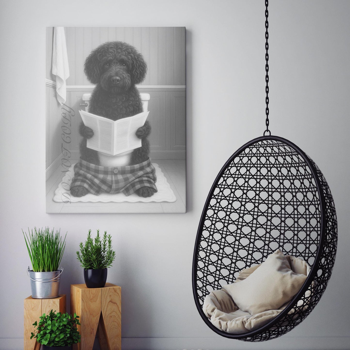 Portuguese Water Dog Reading The Newspaper On The Toilet
