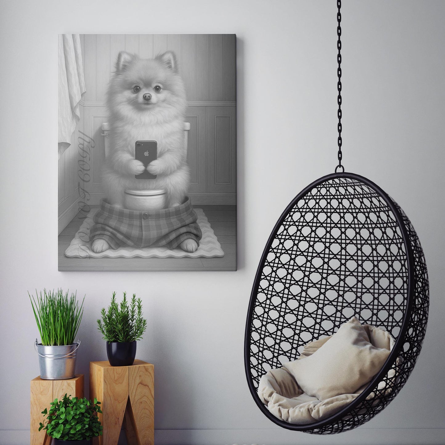 Pomeranian Dog On The Phone On The Toilet