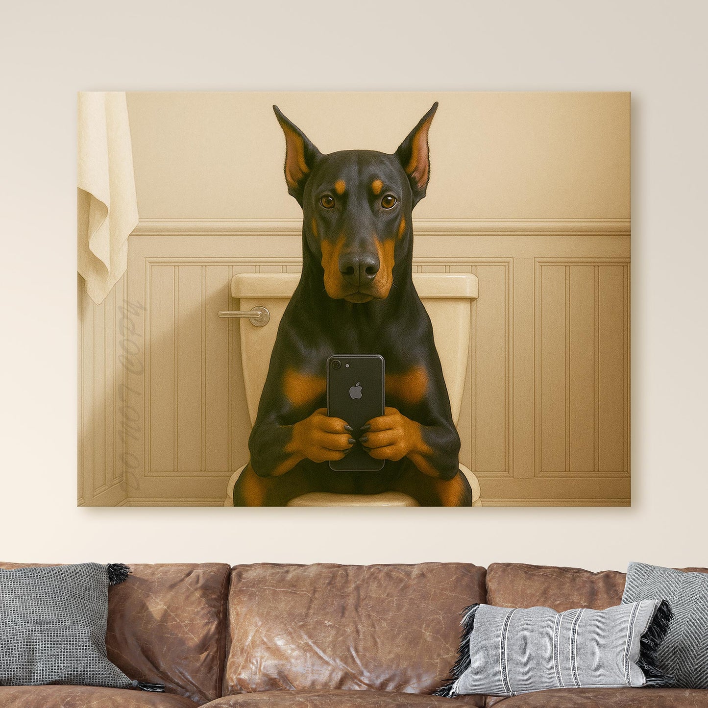 Dobermann Dog On The Phone On The Toilet