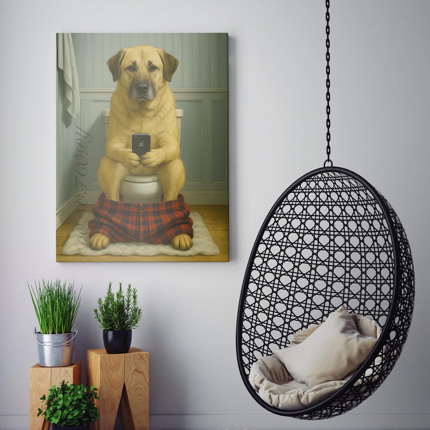 Anatolian Shepherd Dog On The Phone On The Toilet