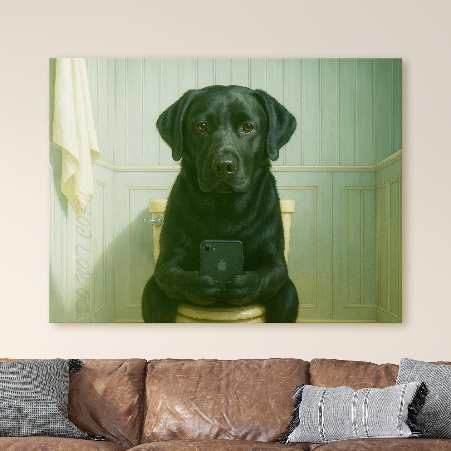 Black Labrador Retriever Dog On The Phone On The Toilet