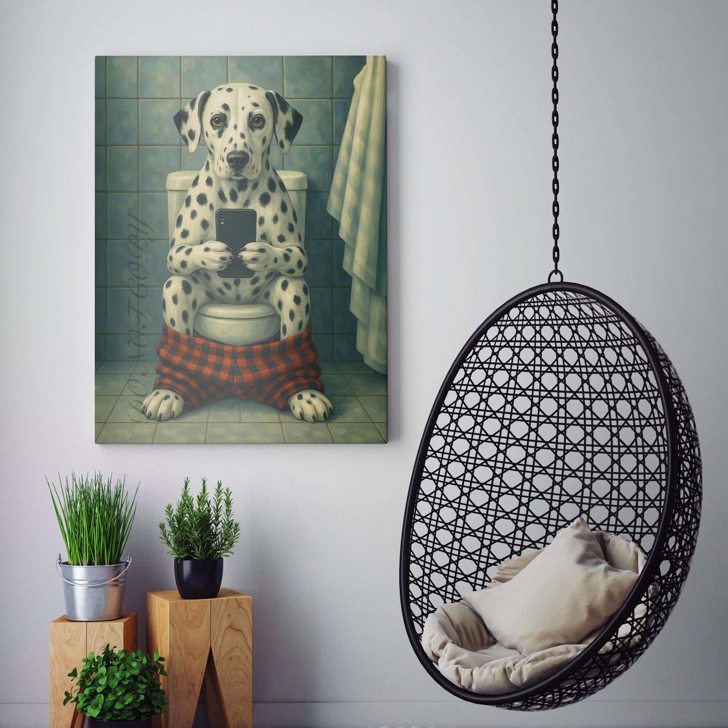 Dalmatian Dog On The Phone On The Toilet