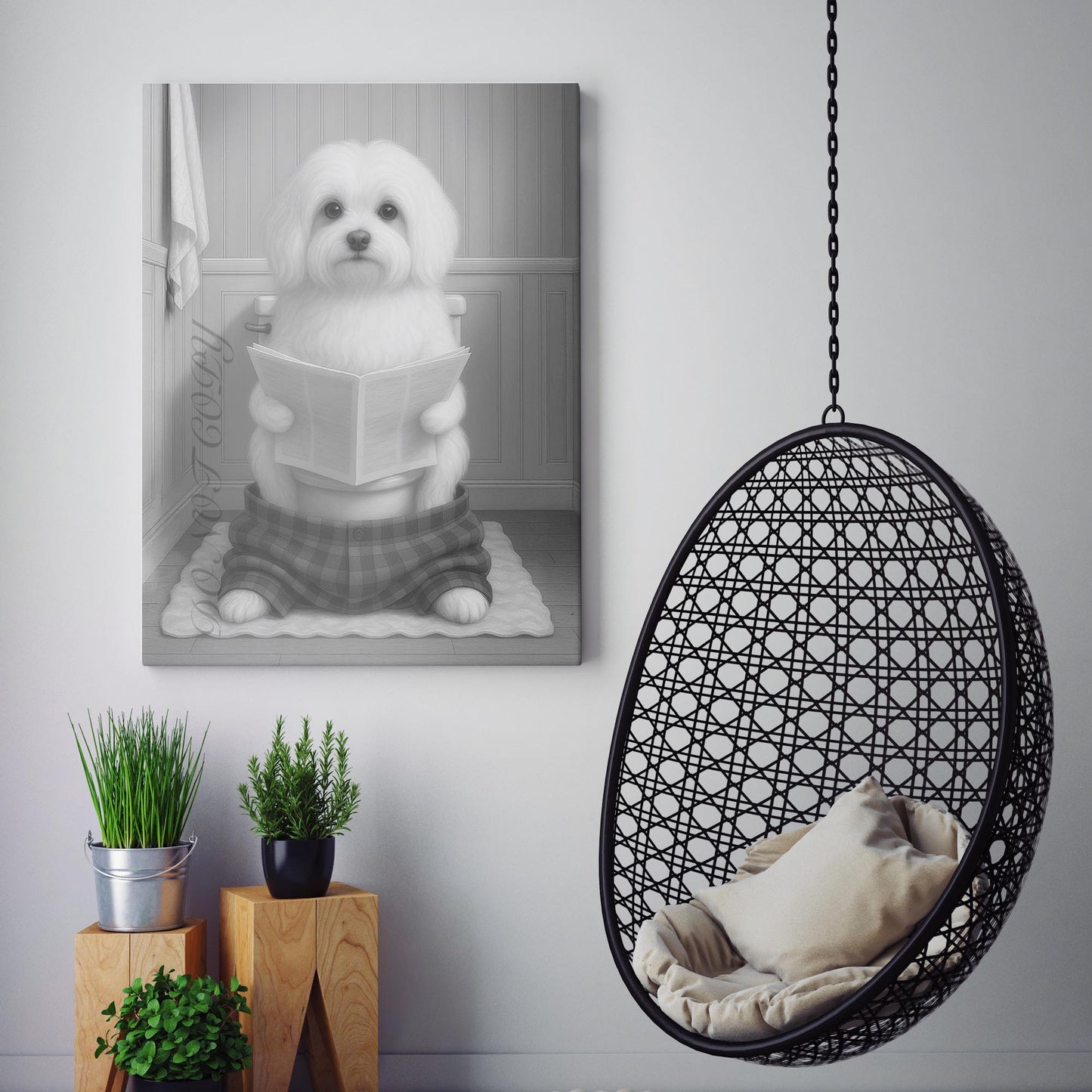 Maltese Dog Reading The Newspaper On The Toilet