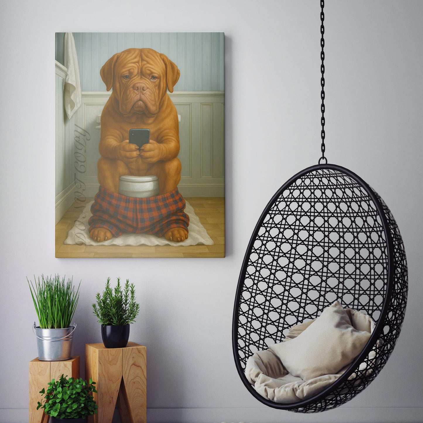 Dogue de Bordeaux Dog On The Phone On The Toilet