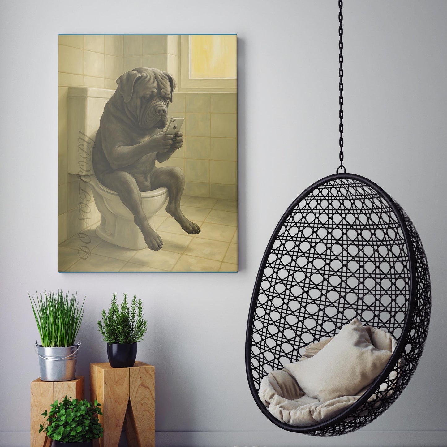Cane Corso Dog On The Phone On The Toilet