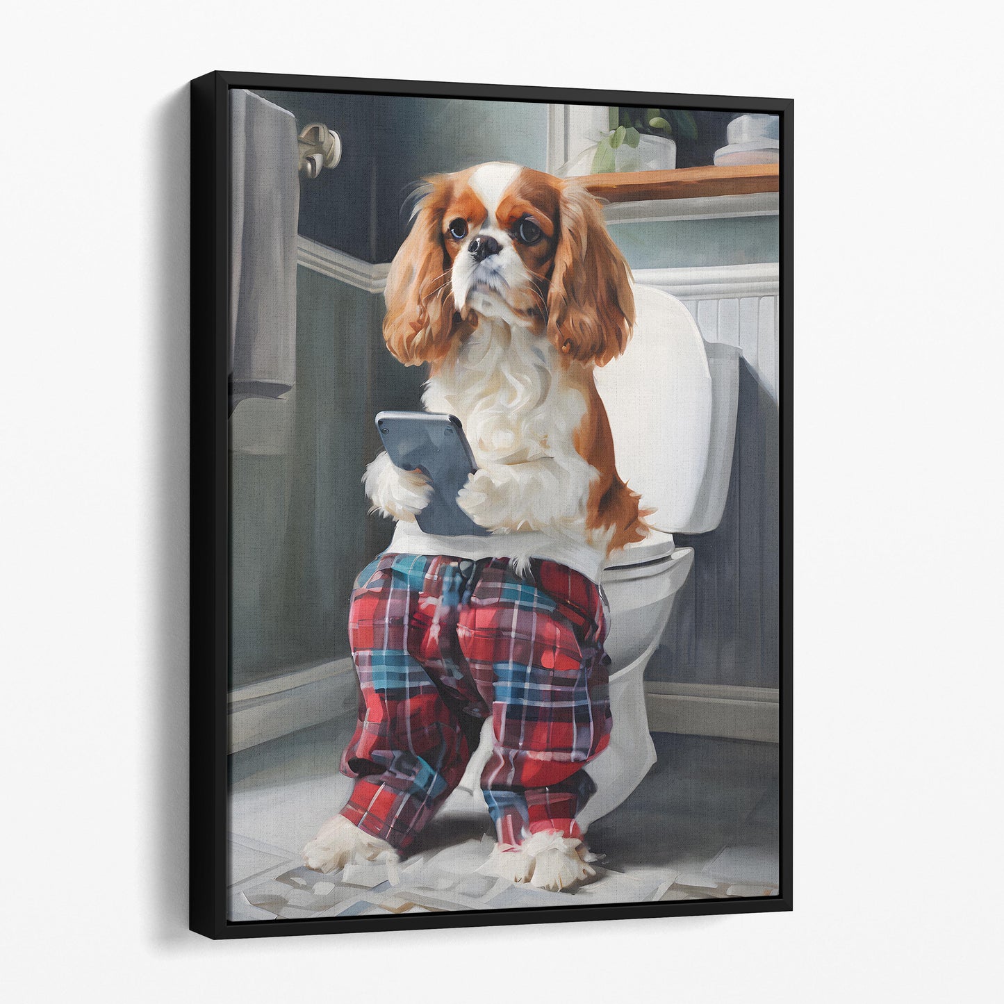 Cavalier King Charles On The Phone On The Toilet