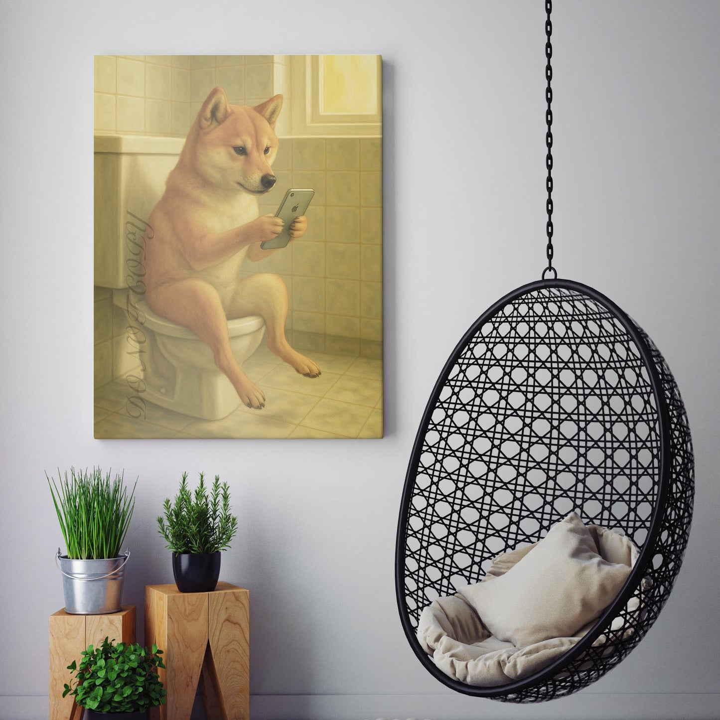 Shiba Inu On The Phone On The Toilet