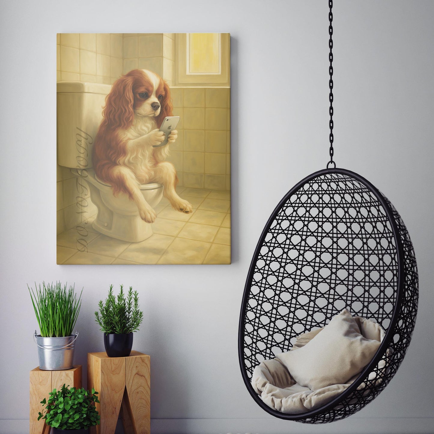 King Cavalier Dog On The Phone On The Toilet