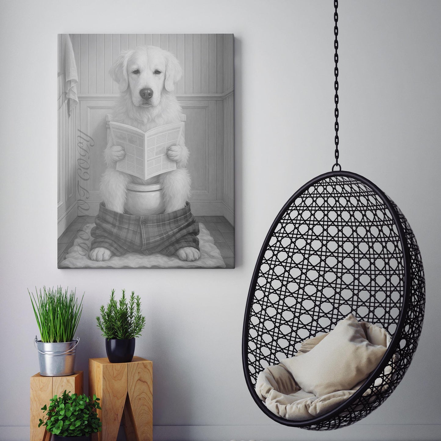 English Cream Golden Retriever Reading The Newspaper On The Toilet