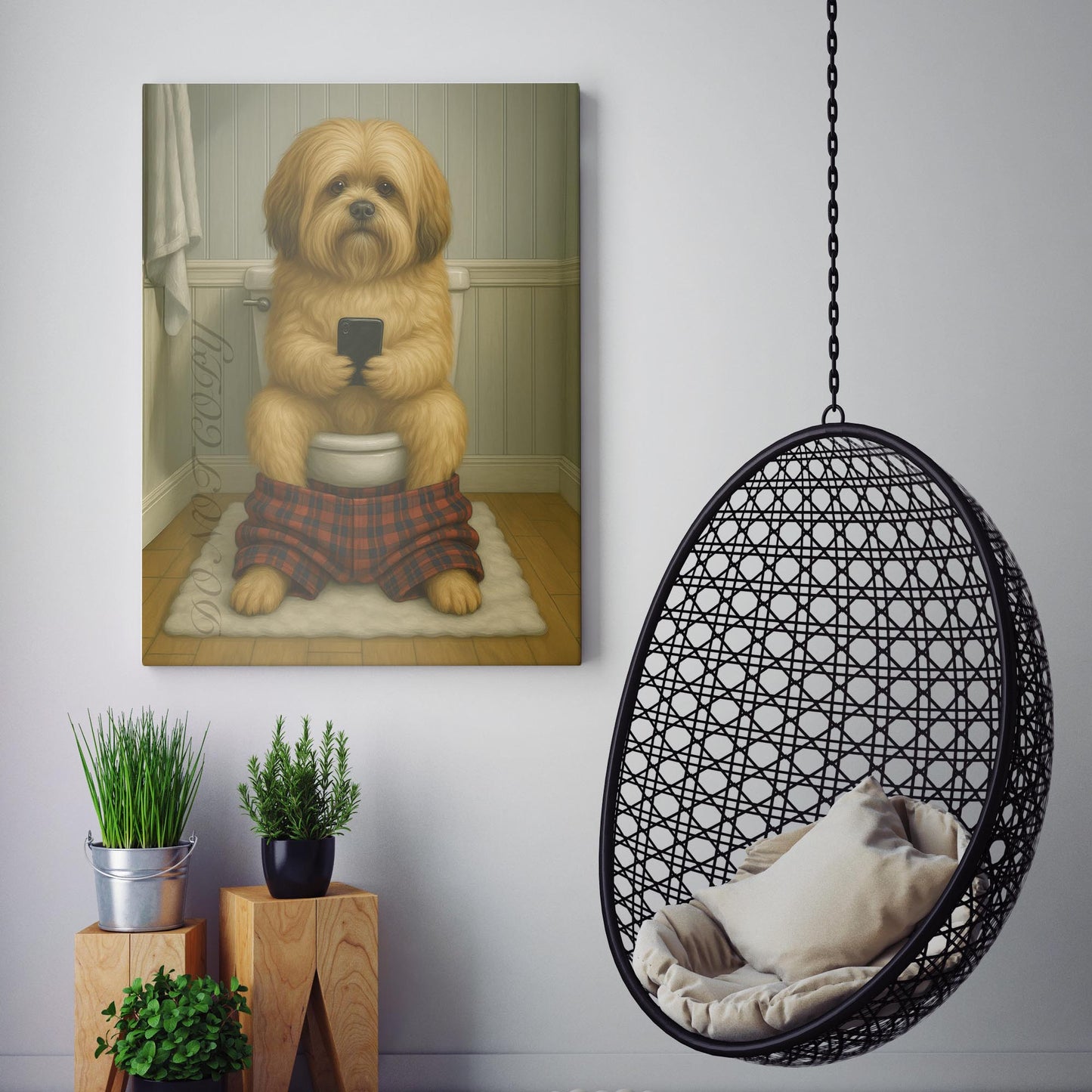 Lhasa Apso Dog On The Phone On The Toilet