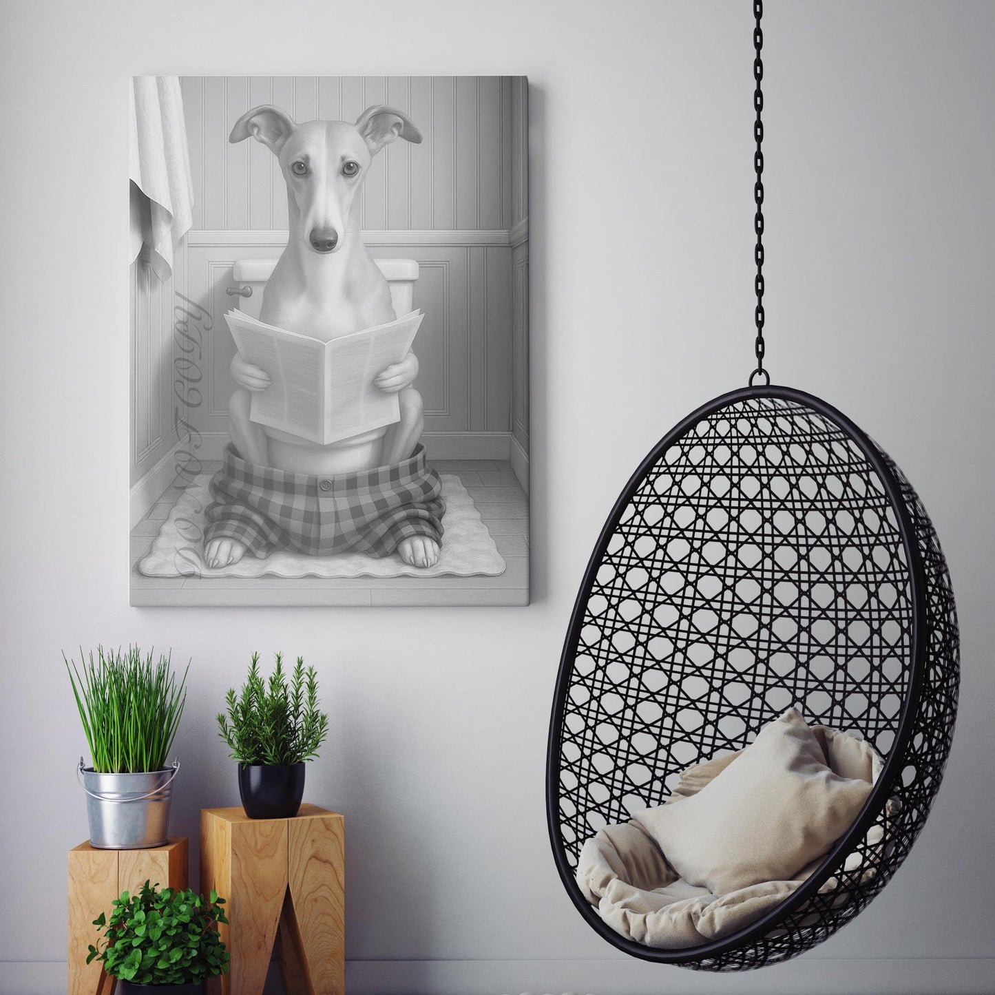 Greyhound Dog Reading The Newspaper On The Toilet