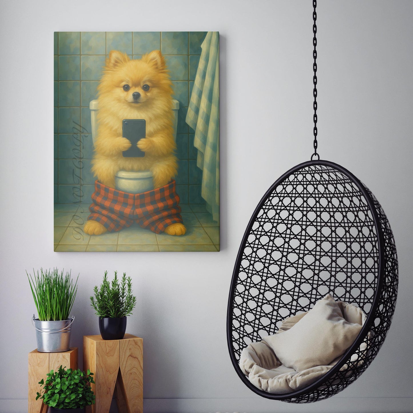 Pomeranian On The Phone On The Toilet