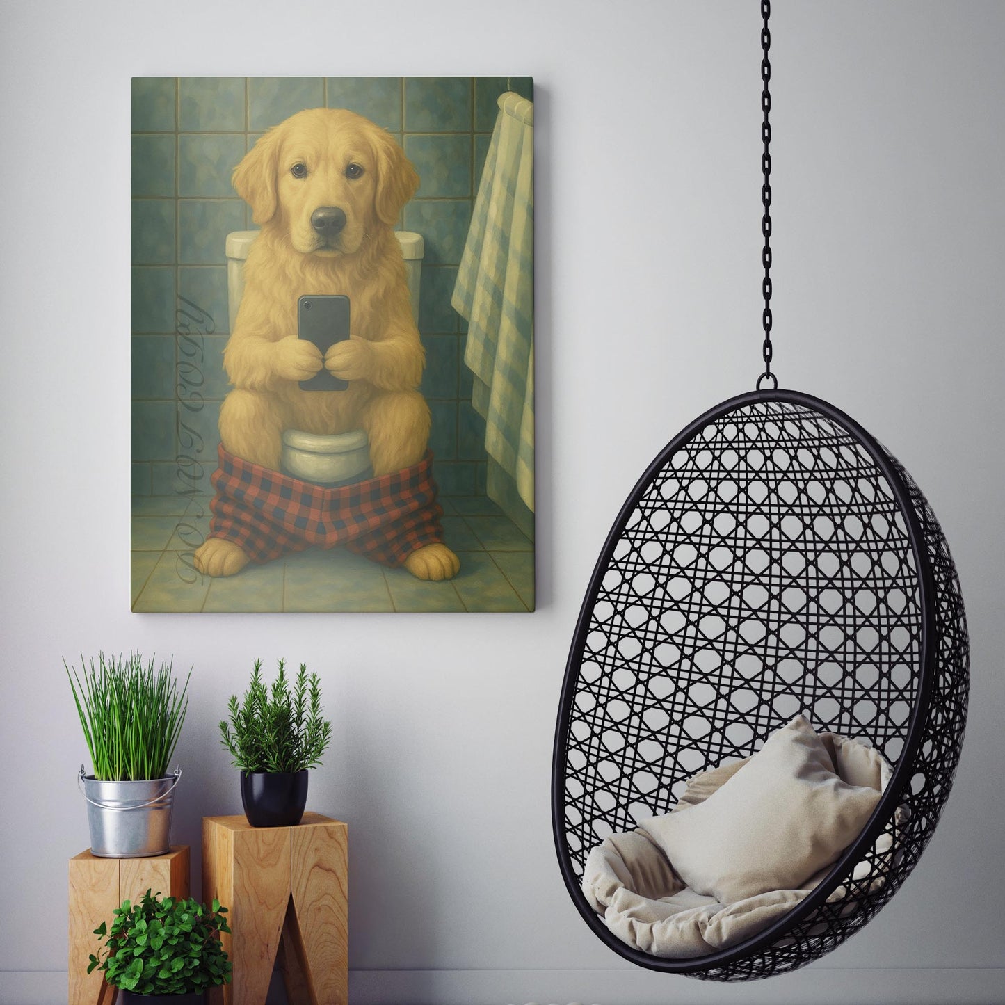 Golden Retriever On The Phone On The Toilet