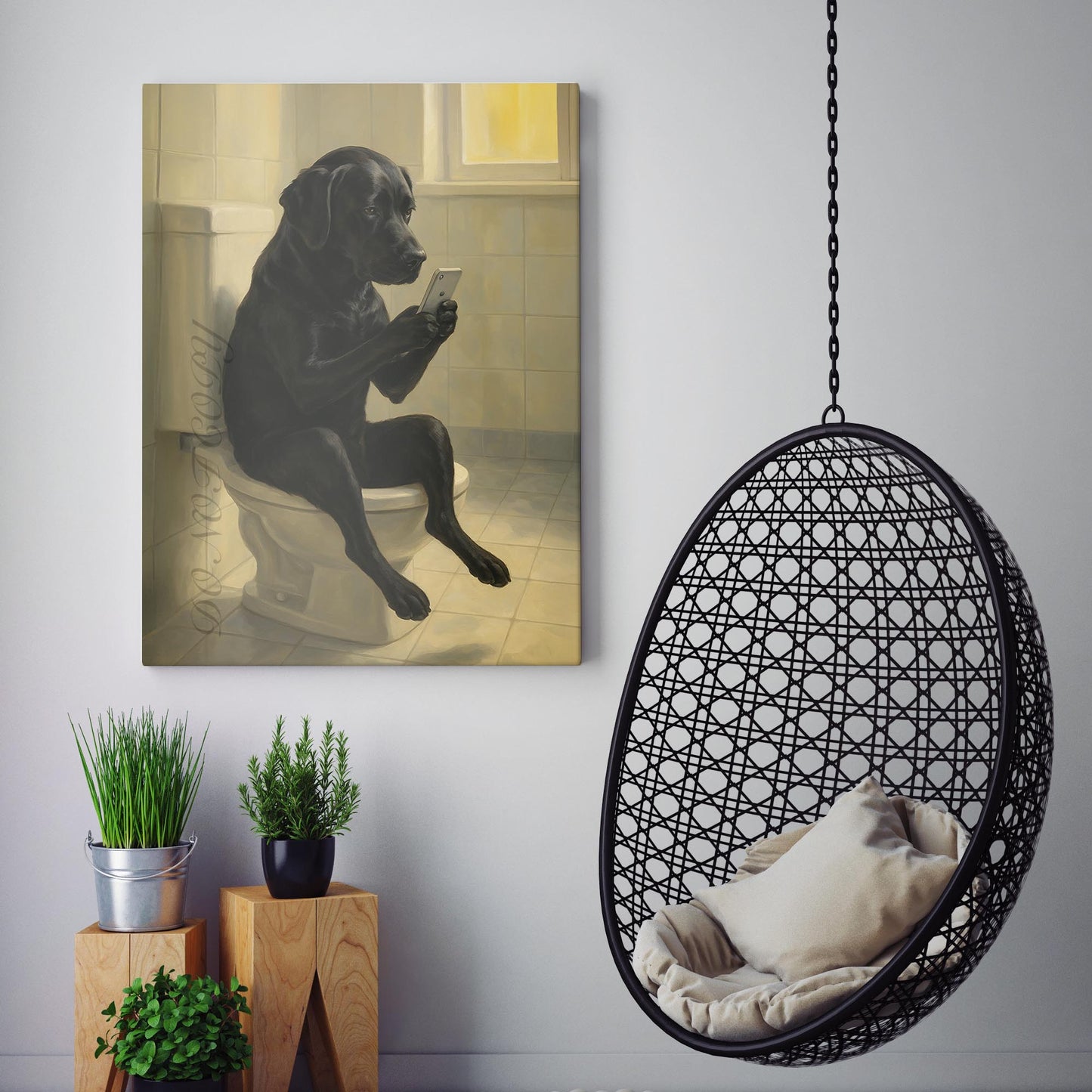 Black Labrador Dog On The Phone On The Toilet