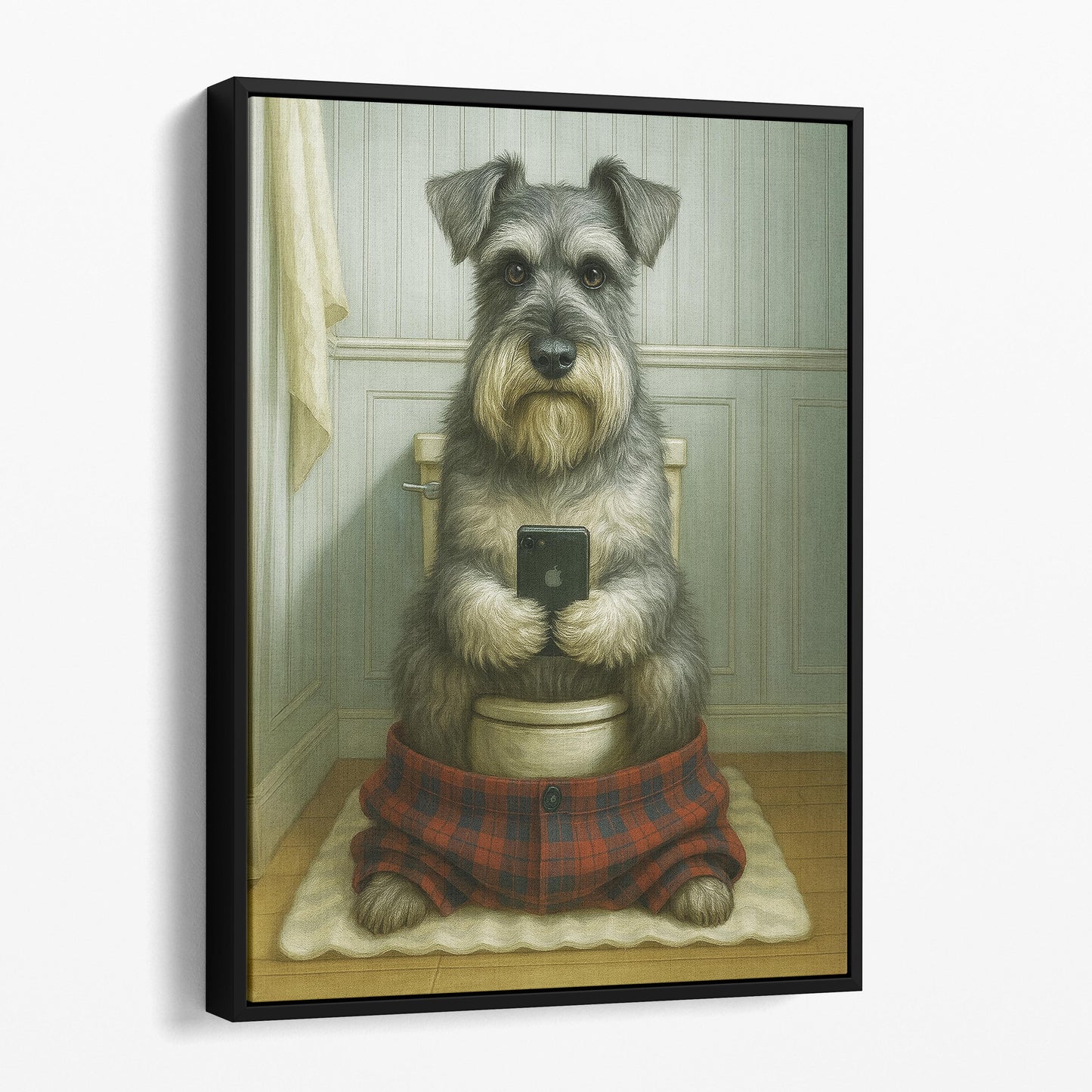 Schnauzer Dog On The Phone On The Toilet