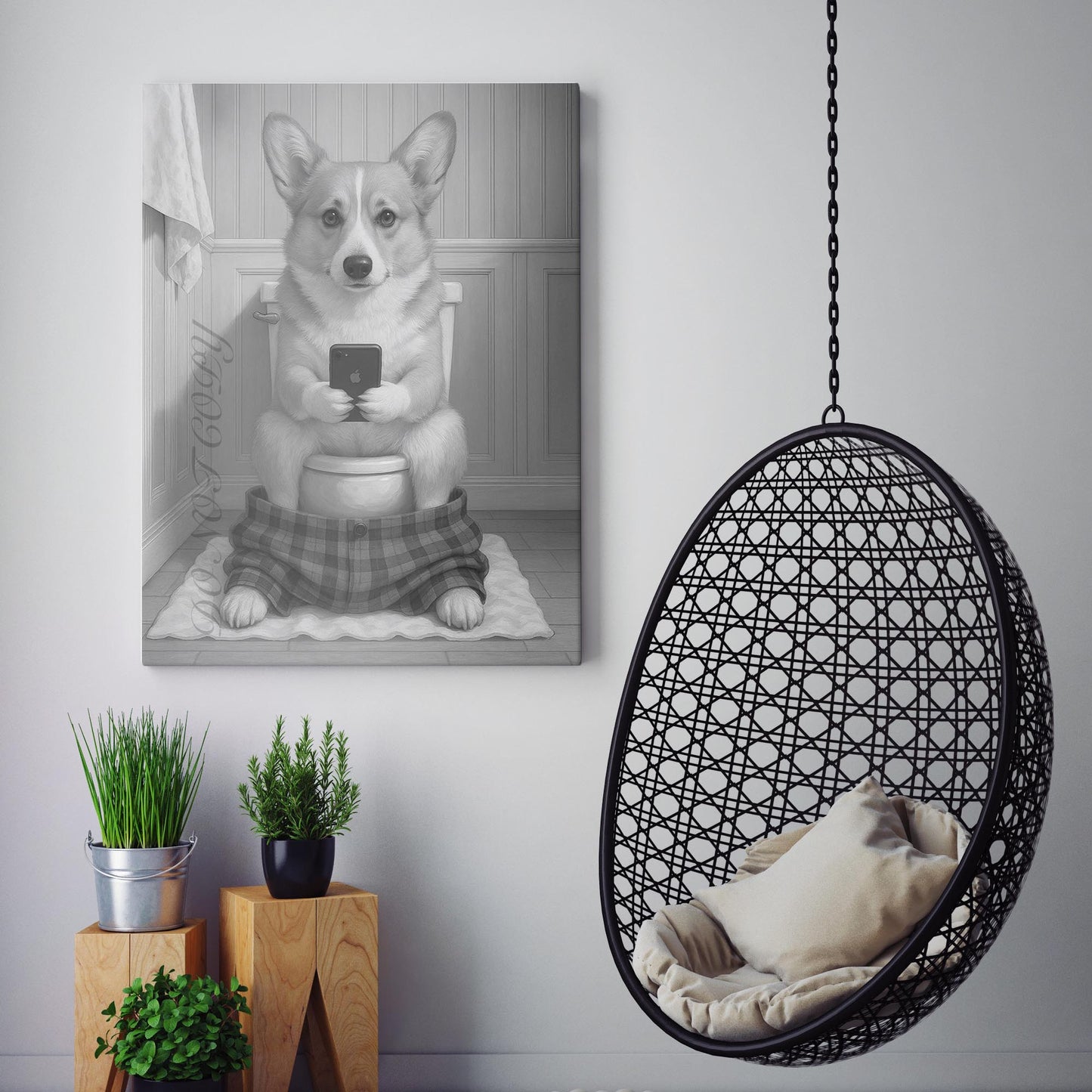 Pembroke Welsh Corgi Dog On The Phone On The Toilet