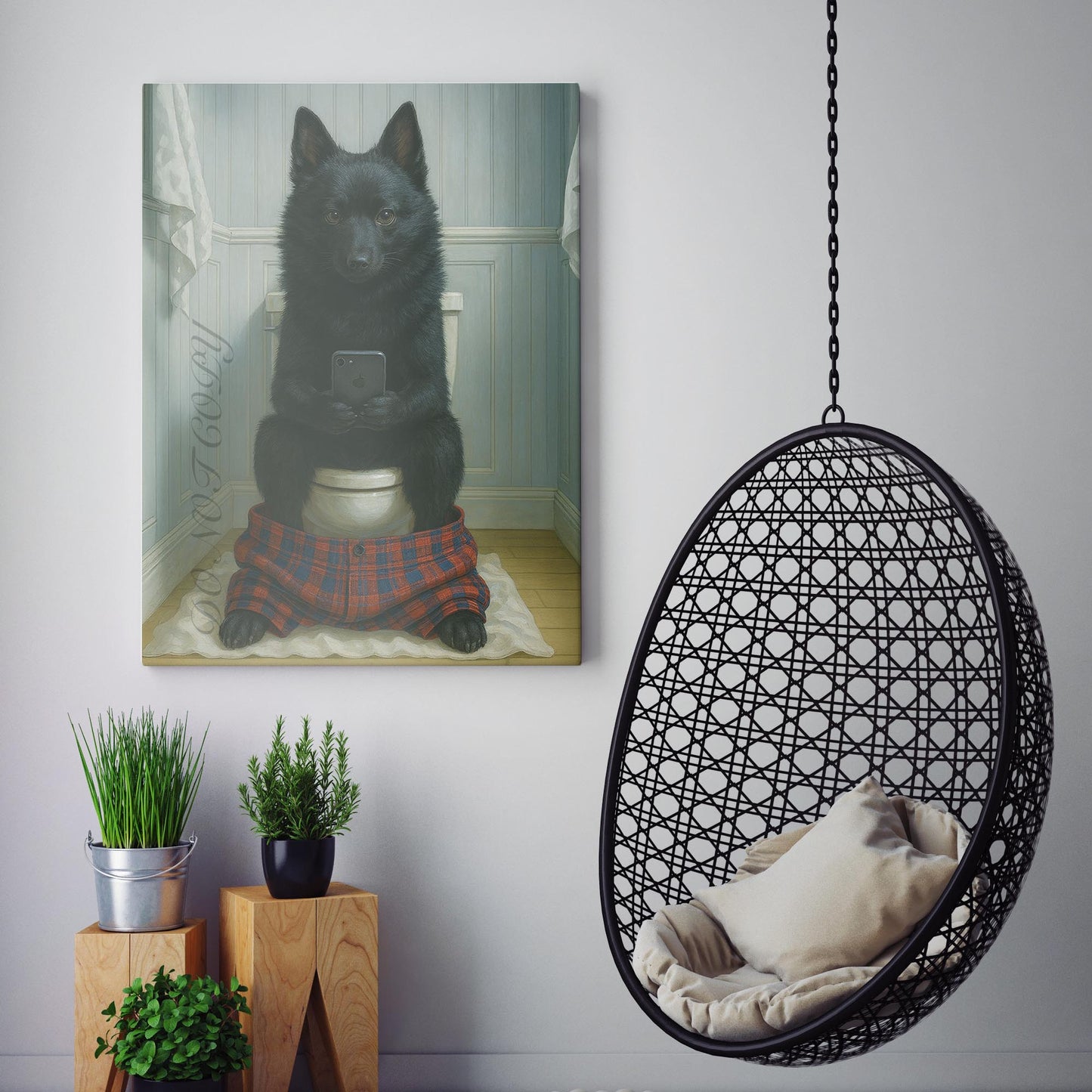 Schipperke Dog On The Phone On The Toilet