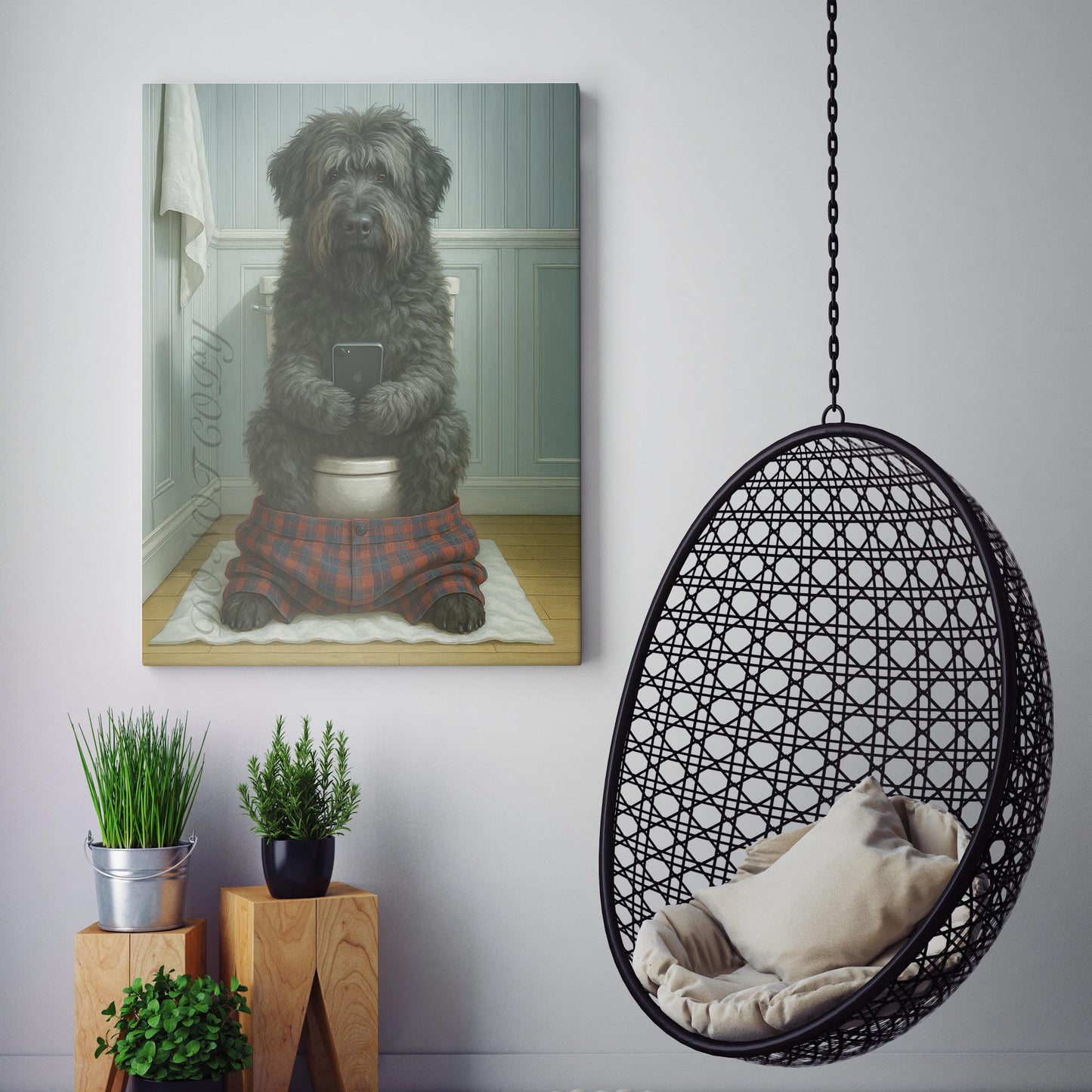 Bouvier des Flandres Dog On The Phone On The Toilet