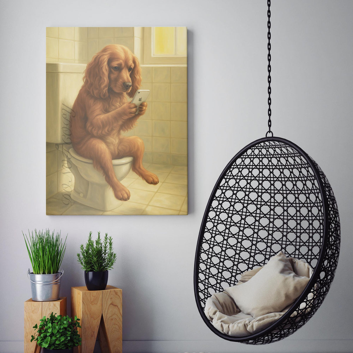 English Cocker Spaniel Dog On The Phone On The Toilet