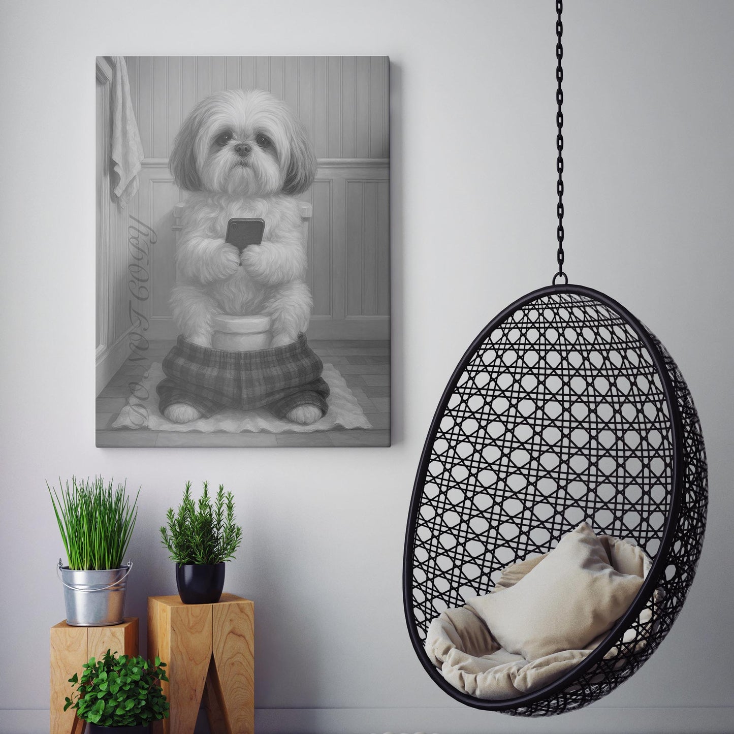 Shih Tzu Dog On The Phone On The Toilet