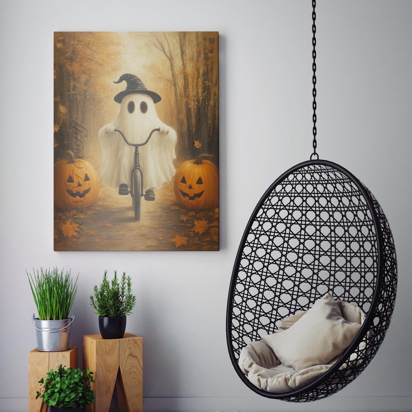 Ghost Riding A Bicycle With Pumpkins