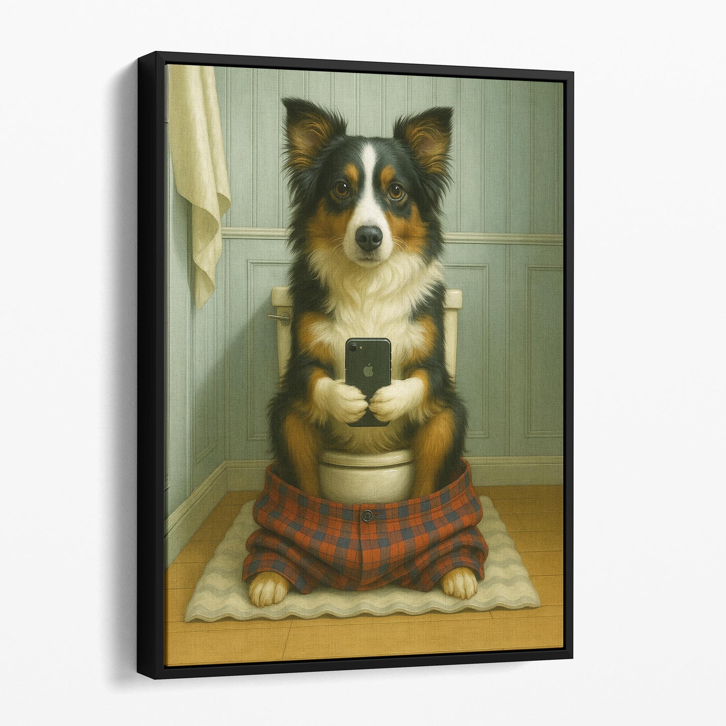 Miniature American Shepherd Dog On The Phone On The Toilet