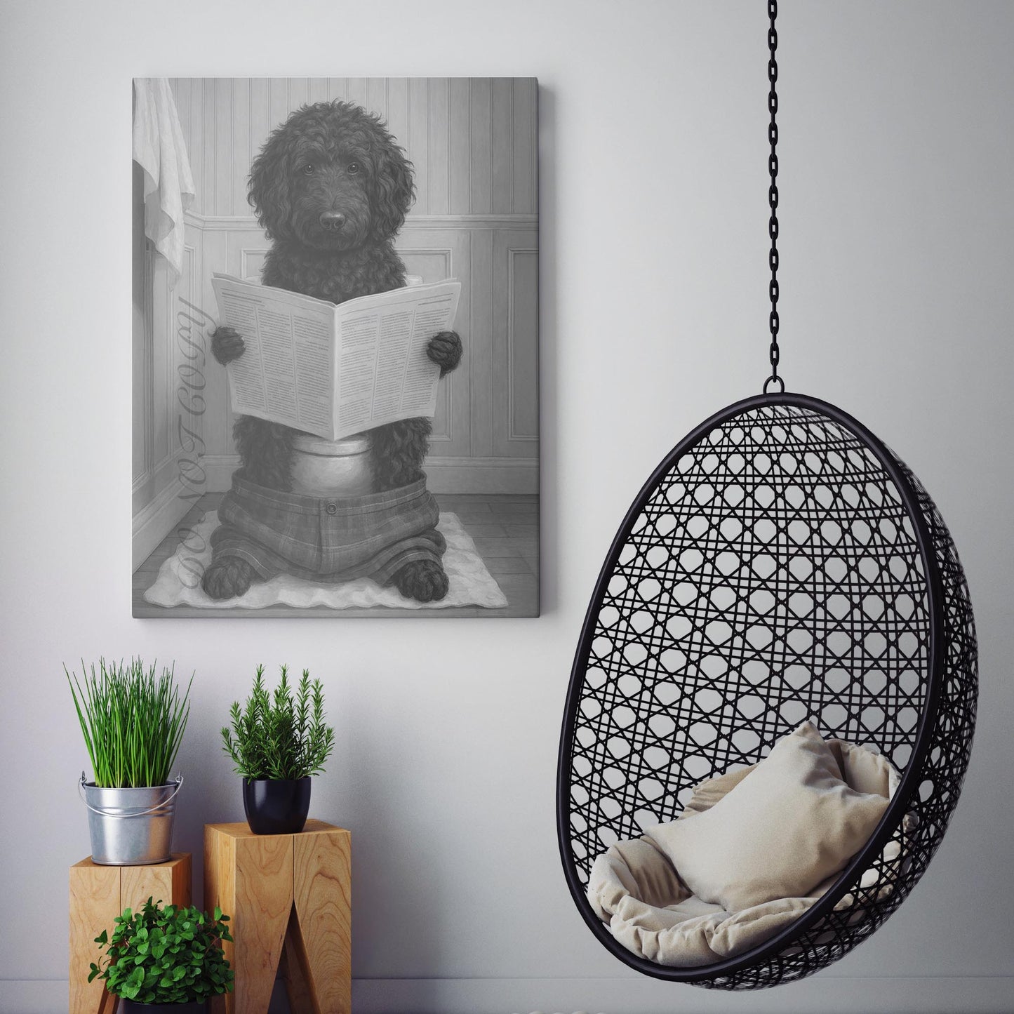 Black Golden Doodle Dog Reading The Newspaper On The Toilet