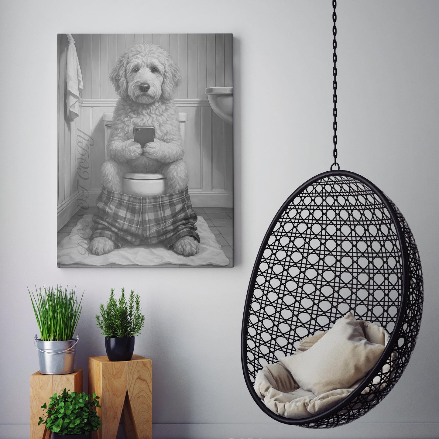 Golden Doodle Dog On The Phone On The Toilet