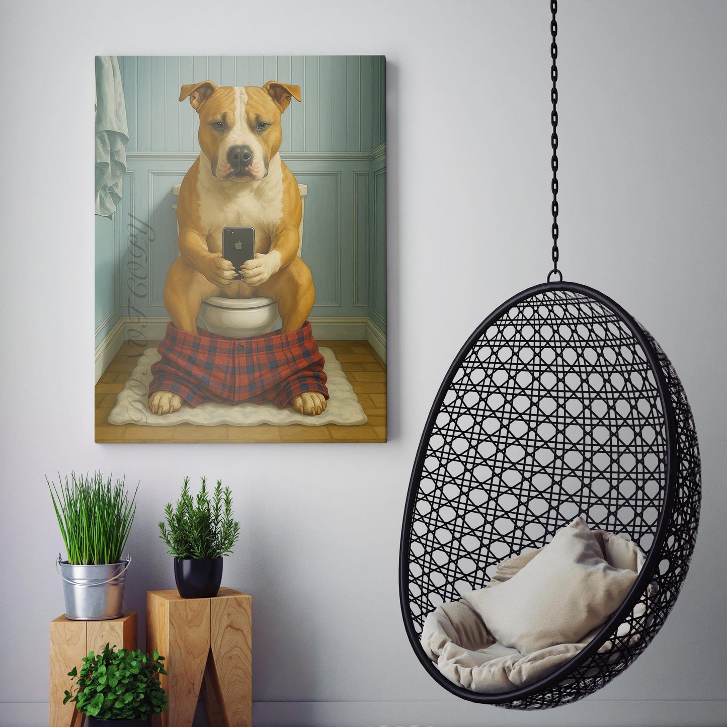 American Staffordshire Terrier Dog On The Phone On The Toilet
