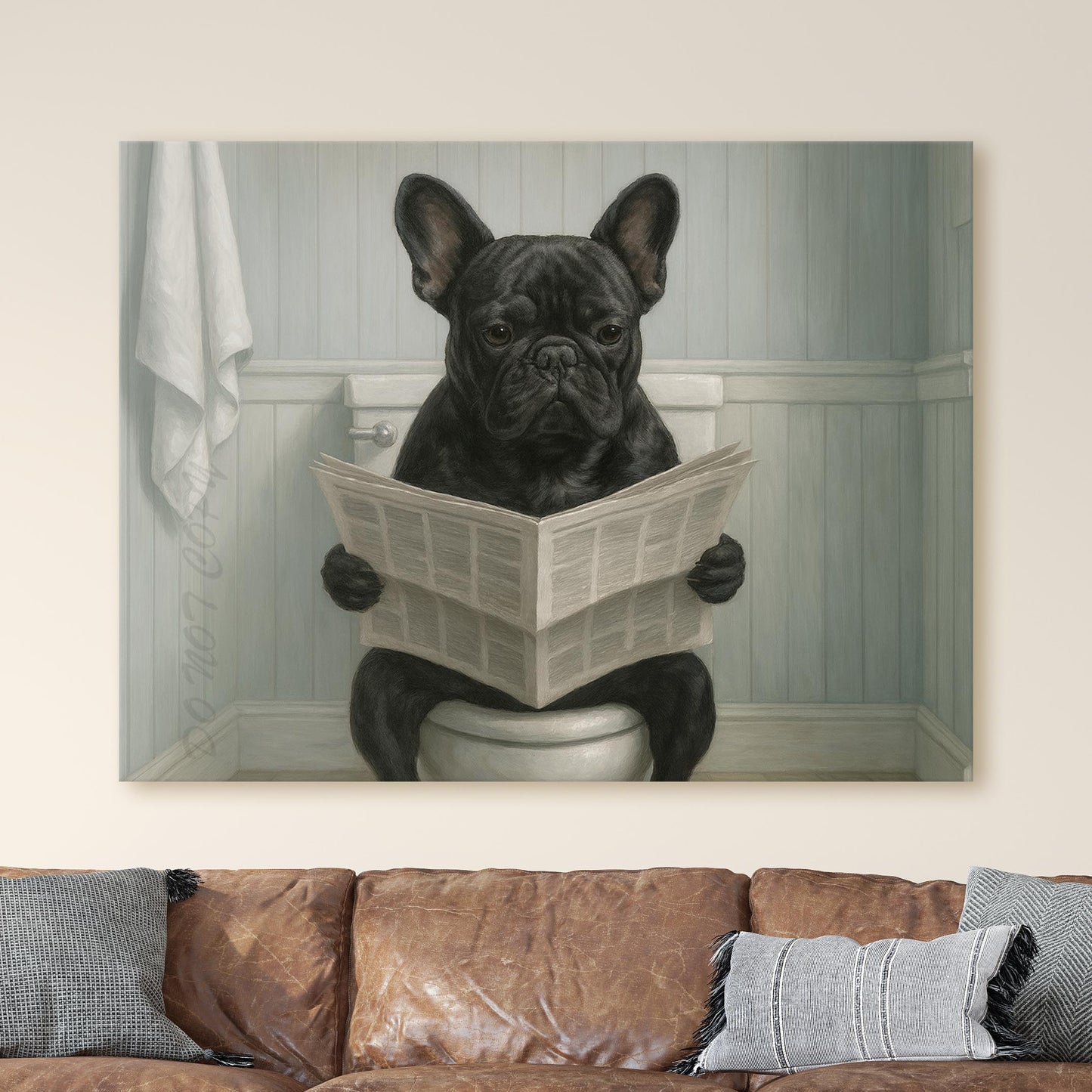 French Bulldog Reading The Newspaper On The Toilet
