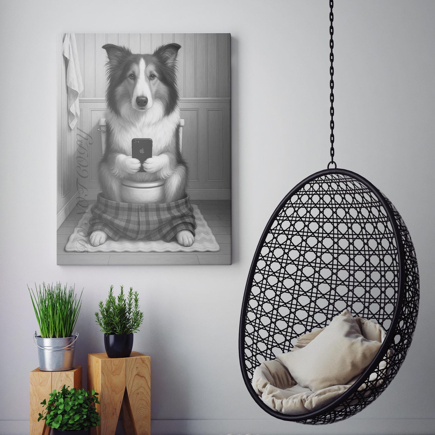 Collie Dog On The Phone On The Toilet