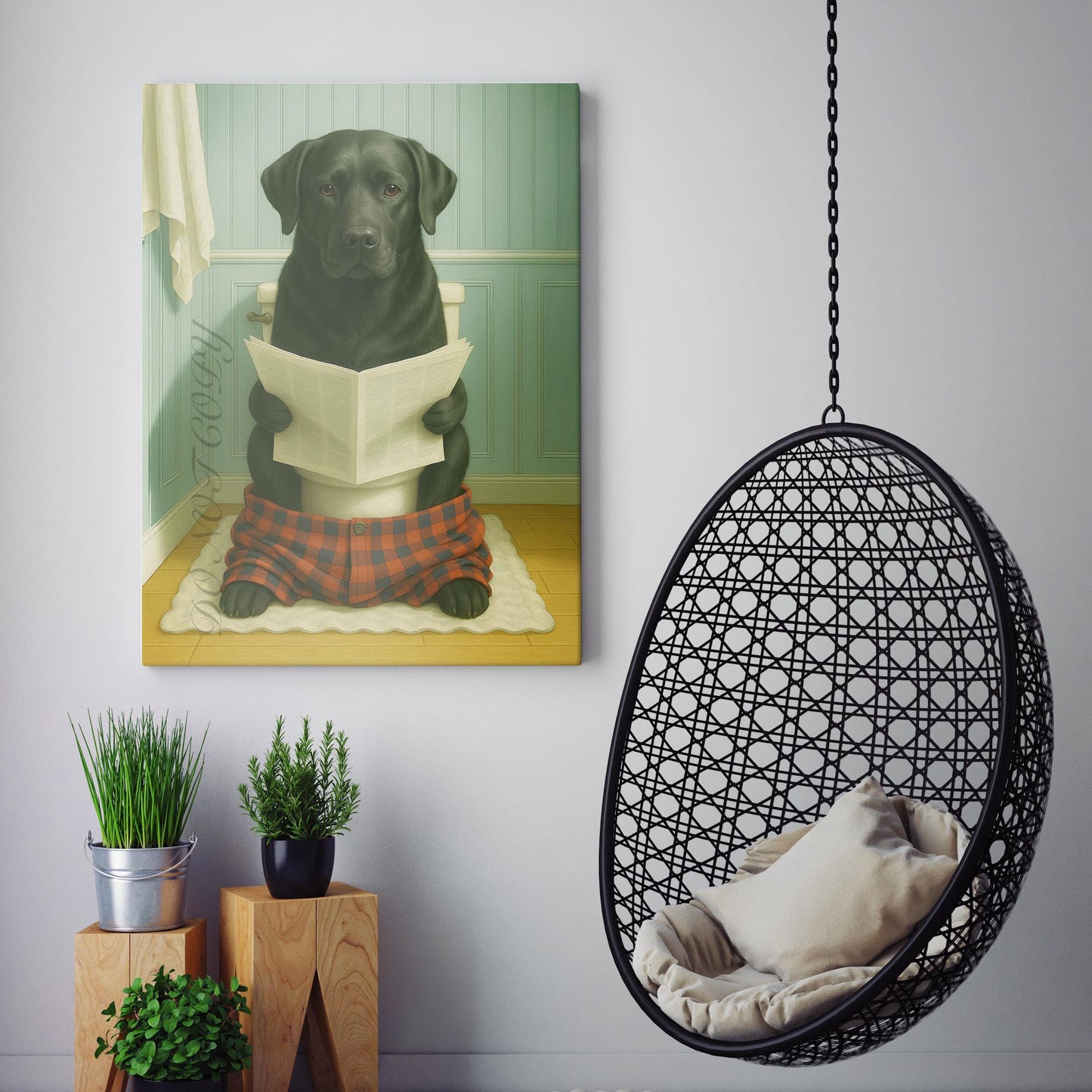 Black Labrador Retriever Dog Reading The Newspaper On The Toilet