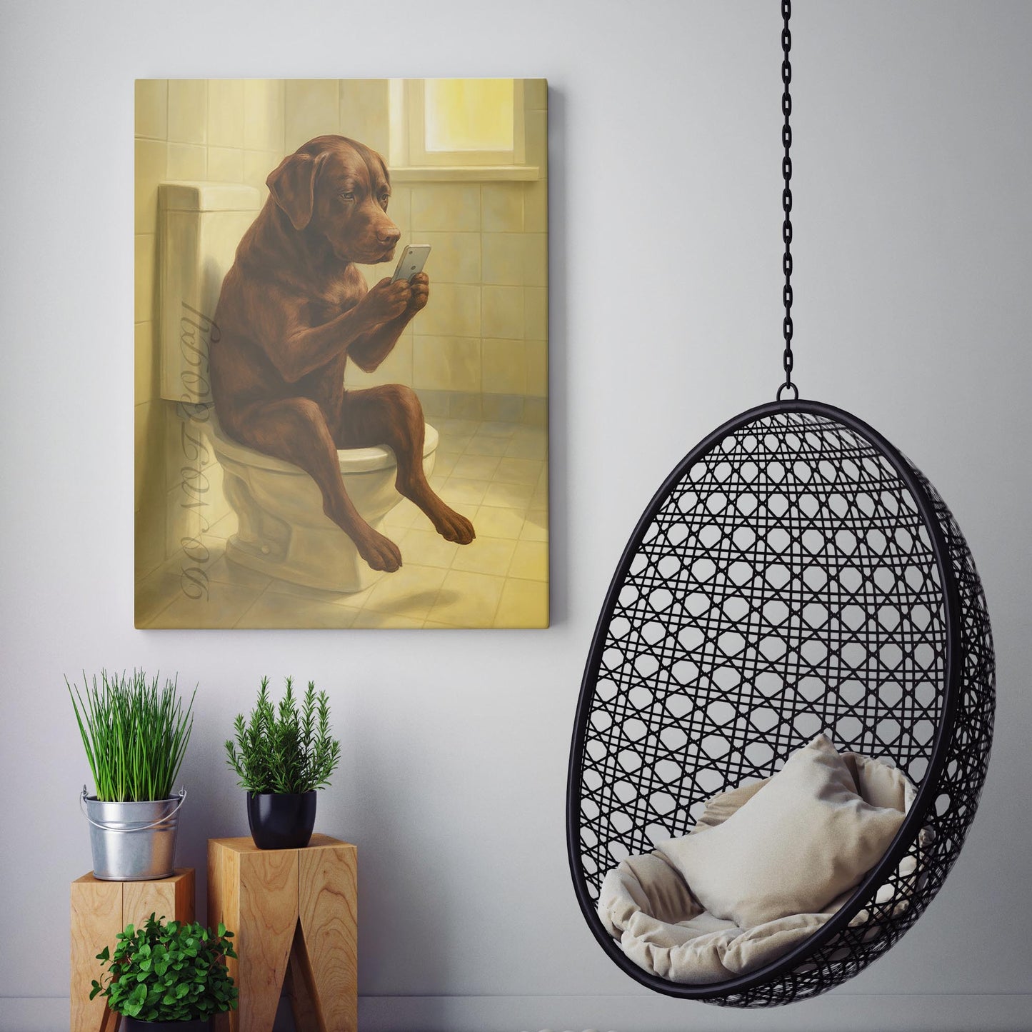 Chocolate Lab Dog On The Phone On The Toilet