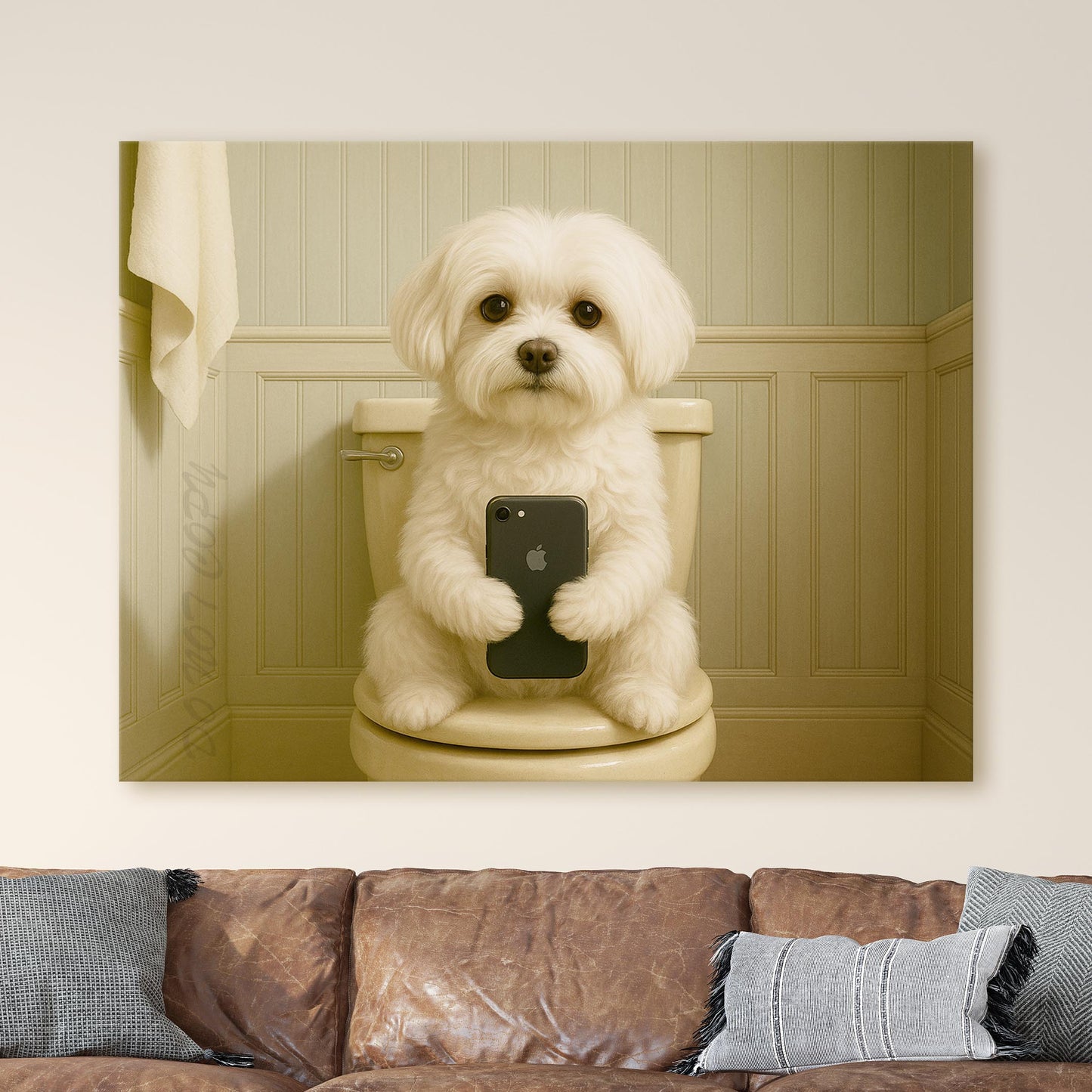 Maltese Dog On The Phone On The Toilet