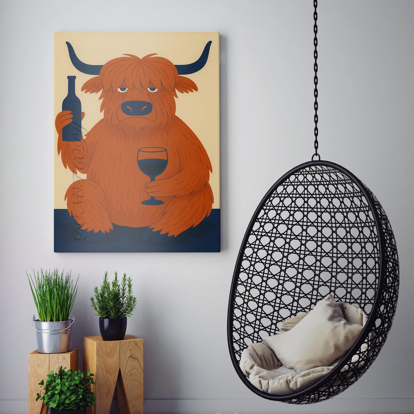 Highland Cow Drinking Wine Mid Century Modern